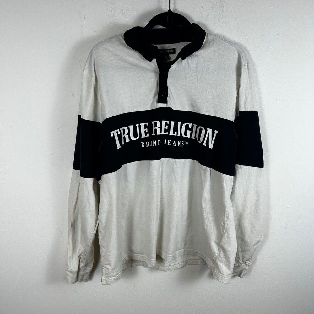True Religion Long Sleeve Shirt Mens XL White Black Rugby Polo Graphic Tee